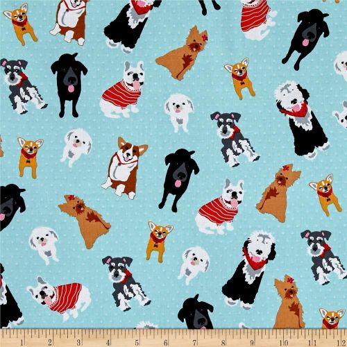 Must Love Dogs Dog Lover Dogs Breeds on Dots Aqua Blue Cotton Fabric