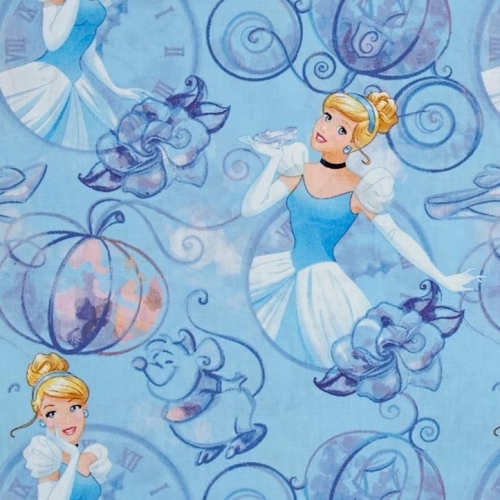 Disney Princess Cinderella Clock and Carriage Blue Cotton Fabric