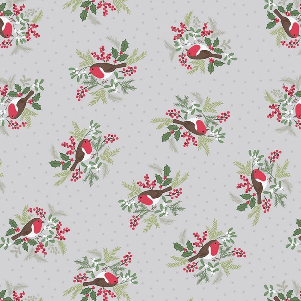 Robins on Silver Grey Holly Mistletoe Holiday Winter Christmas Cotton Fabri