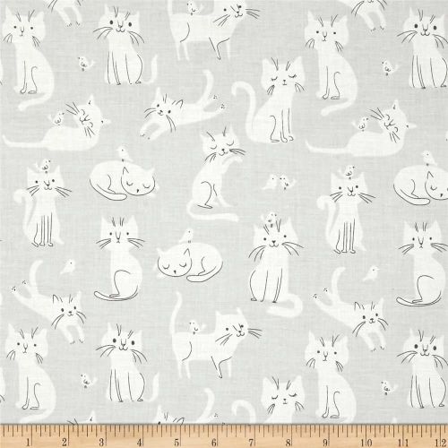 Cats Cat Scatter Whiskers and Tails Kitties Birds Grey Cotton Fabric