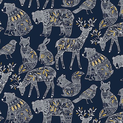 Norrland Woodland Creatures Bears Stags Squirrels Navy Metallic Gold Geomet