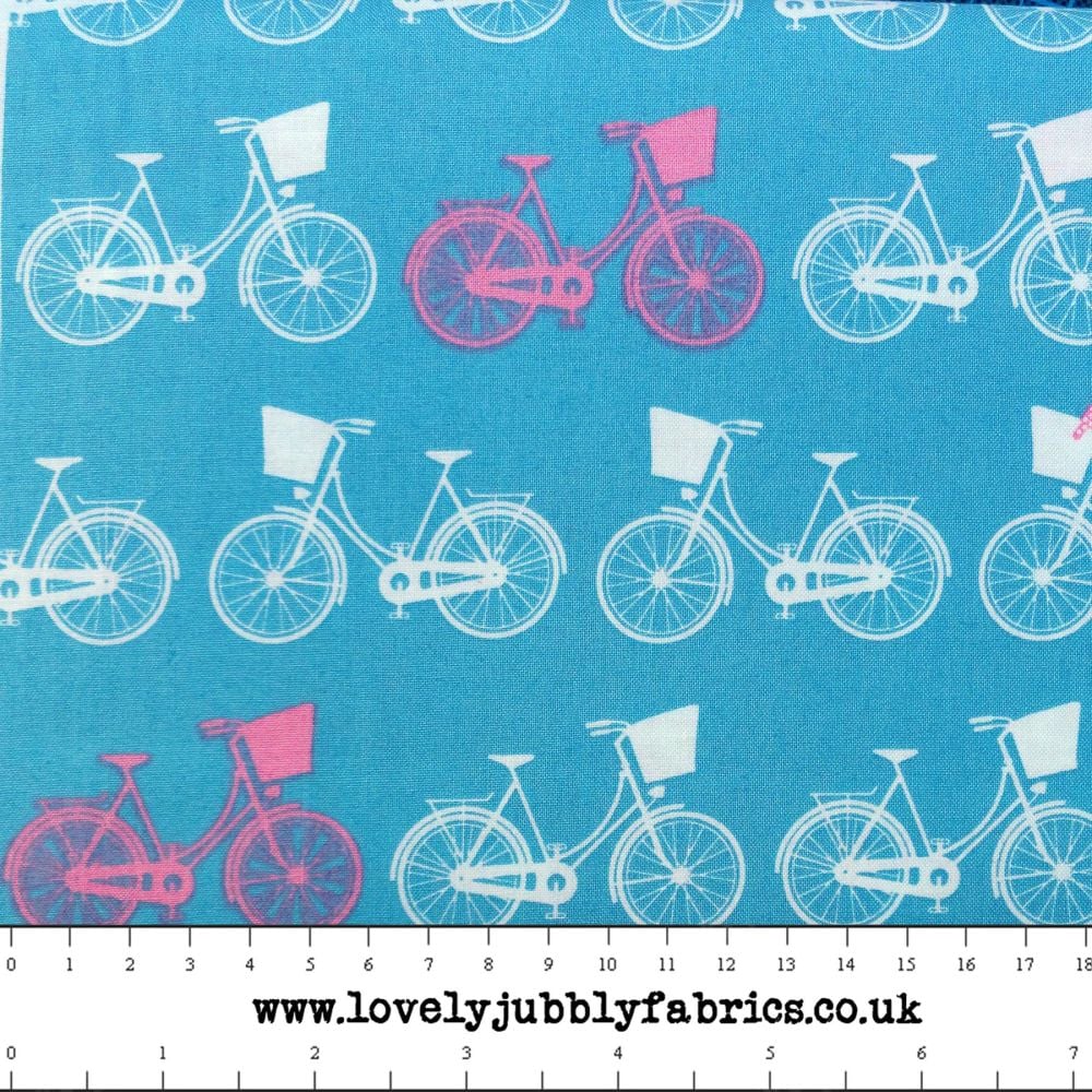 Bicycle Cycling Whimsical Wheels Blue Pink Cotton Fabric