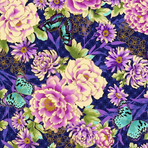 Flights of Fancy Oriental Floral Blue Floral Metallic Gold Butterfly cotton
