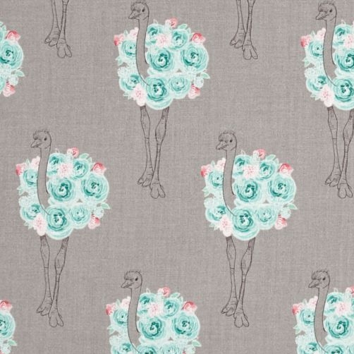 Curiosities Ostrich Gray Rose Floral Bird Cotton Fabric