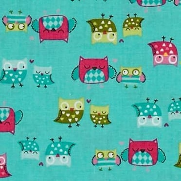 Owl It's A Hoot Mother and Child Owls on Turquoise Cotton Fabric