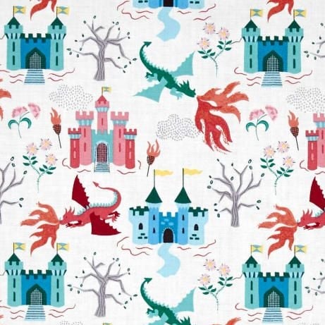Dragons Fairytale Dragon Castle on Cream Cotton Fabric