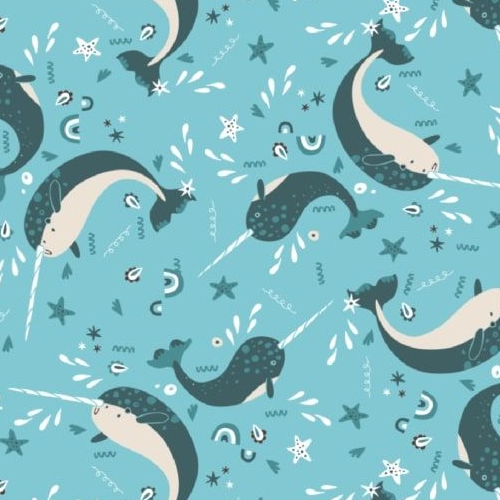 Narwhal Whale on Tide Blue Snowfall Narwhals Ocean Cotton Fabric