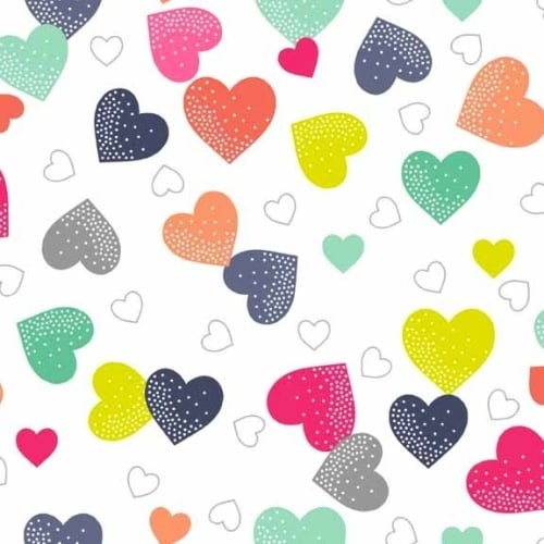 Fantasy Multi Coloured Hearts on White Unicorn Rainbow Colour Cotton Fabric