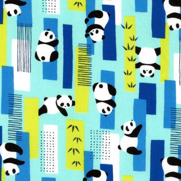 Pandas Cosmo Zoo Visit Panda Bear Bamboo Forest Aqua Cotton Fabric