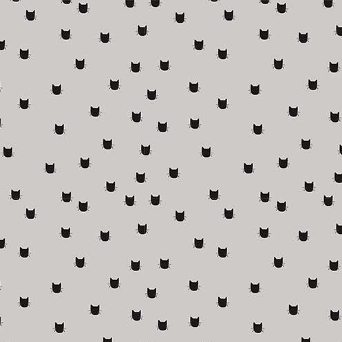 Meow Dot Gray Tiny Cat Heads Silhouette Black on Grey Cats Cotton Fabric