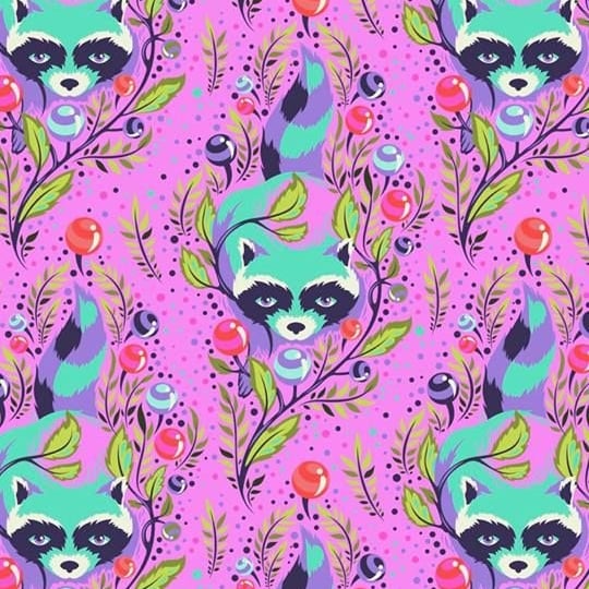 Tula Pink All Stars Raccoon Fuchsia Raccoons Floral Botanical Cotton Fabric