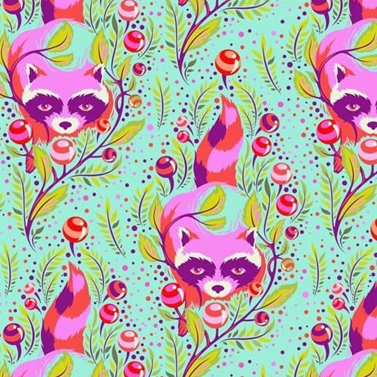 Tula Pink All Stars Raccoon Poppy Raccoons Floral Botanical Cotton Fabric