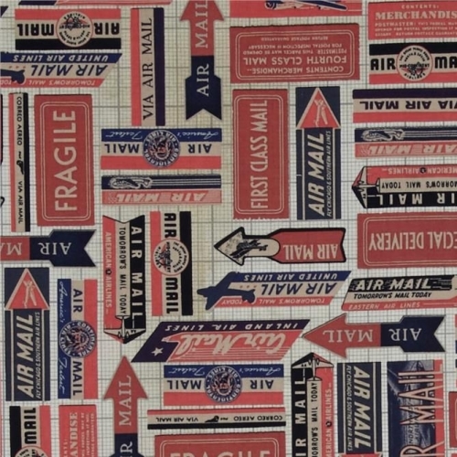 REMNANT Air Mail Red Eclectic Elements Correspondence Cotton Fabric by Tim