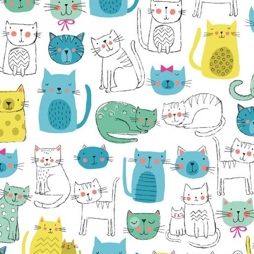 Kitty Cats Turquoise Blue Cat Faces Makower Cotton Fabric