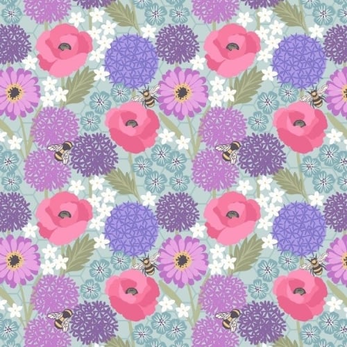 Bee Kind Allium and Poppies on Blue Honey Bees Cotton Fabric