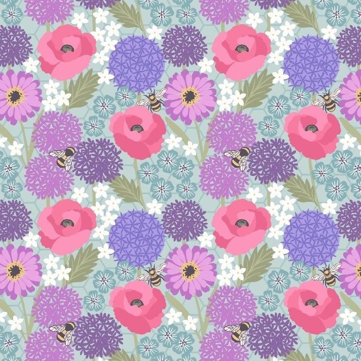 Bee Kind Allium and Poppies on Blue Honey Bees Cotton Fabric