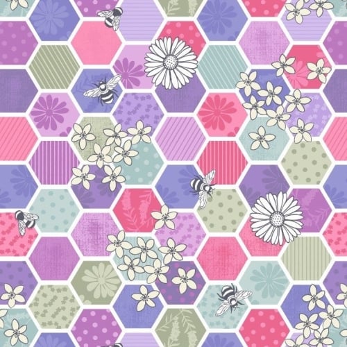 Bee Kind Hexagons in Pinks Geometric Honeycomb Floral Honey Bees Cotton Fab