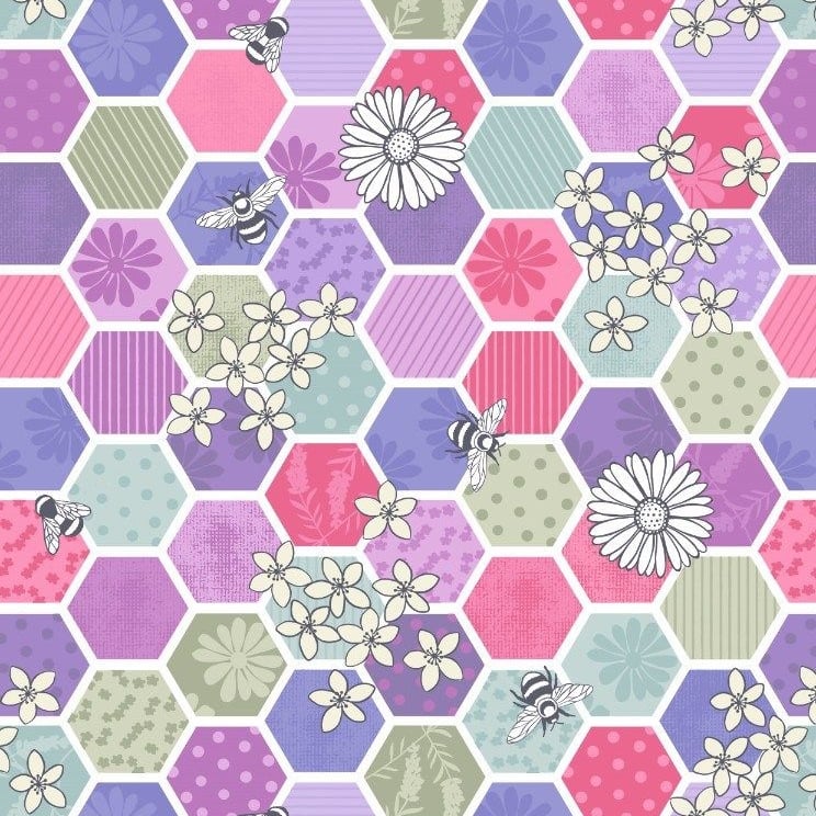 Bee Kind Hexagons in Pinks Geometric Honeycomb Floral Honey Bees Cotton Fab