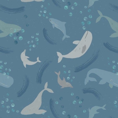 Spindrift Whale of a Time on Dark Blue Whales Sea Ocean Cotton Fabric
