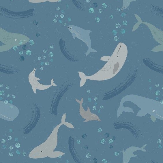 Spindrift Whale of a Time on Dark Blue Whales Sea Ocean Cotton Fabric