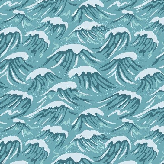 Spindrift on Turquoise Sea Waves Ocean Beach Cotton Fabric