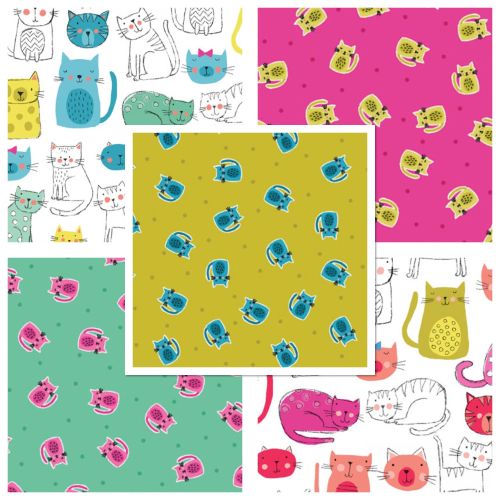 Makower Cat Kitty Cats 5 Cotton Fabrics Fat Quarter Bundle Cloth Stack FQ