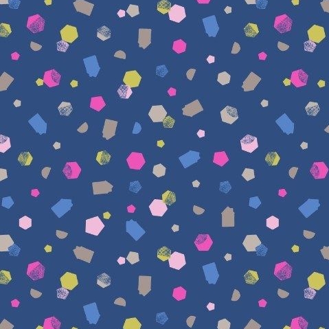 Geometric Shapes on Navy Hann's House Blue Hexagon Confetti Pink Cotton Fab