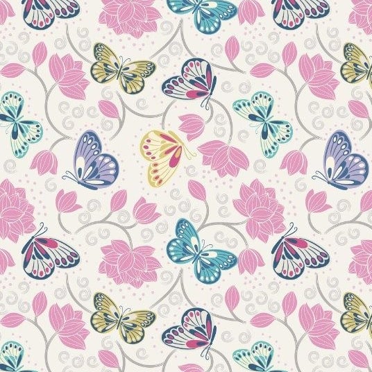 Sew Mindful Lotus Flowers on Cream Butterflies Floral Butterfly Cotton Fabr