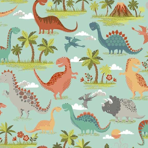 Rex Scenic Turquoise Dinosaurs Jurassic Dino Dinosaur Cotton Fabric