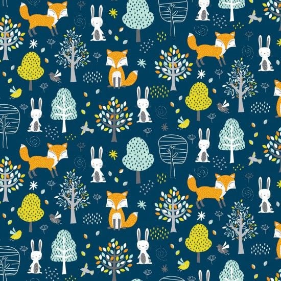 Woodland Friends Animals Fox Rabbit Bird Forest Woodland Blue Cotton Fabric