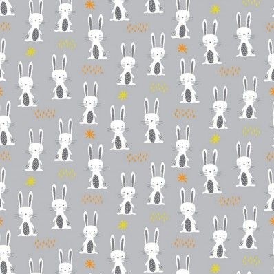 Woodland Friends Rabbits Forest Animals Bunny Rabbit Grey Cotton Fabric
