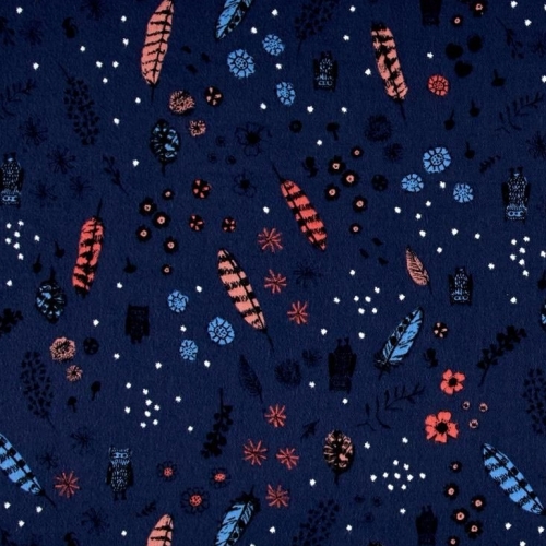 REMNANT Cotton + Steel Cozy Dream Owl Feathers Floral Navy Brushed Cotton F