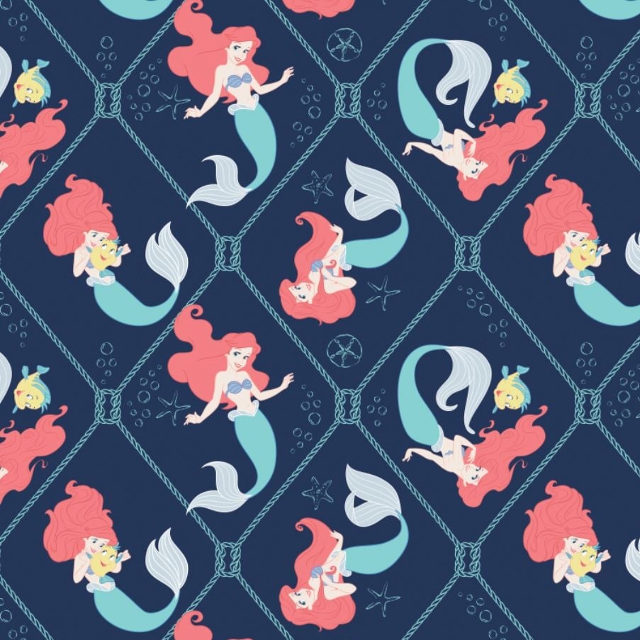 Disney The Little Mermaid Nautical Net on Navy Ariel Flounder Rope Cotton F