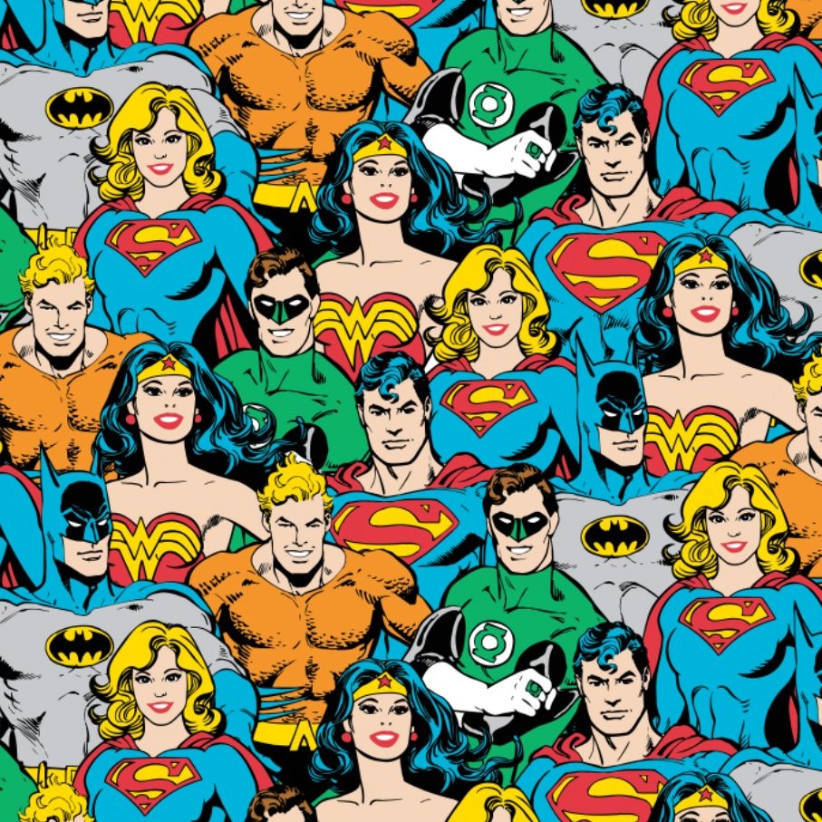DC Superhero Crowd in Multi Packed Justice League Cotton Fabric