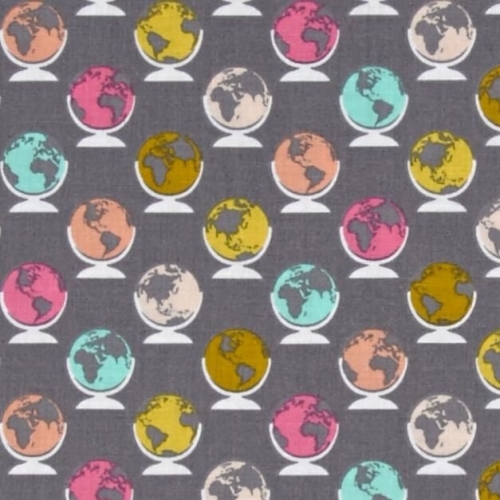 1 Metre Erin McMorris Globetrot Smoke Grey Globe World Map Travel Cotton Fa