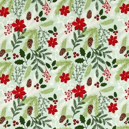 1 Metre Comfort and Joy Main Cream Christmas Poinsettia Holly Floral Holida