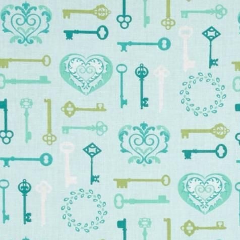 1 Metre Key To My Heart Keys Aqua Lime Lovehearts Scroll Cotton Fabric