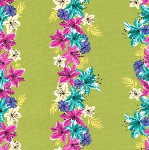 Hummingbirds and Hibiscus Lei Down Leaf Green Flowers Floral Stripe Tropica