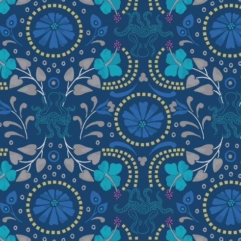 Taverna Dark Blue Floral Octopus Geometric Lindos Hibiscus Metallic Gold Co