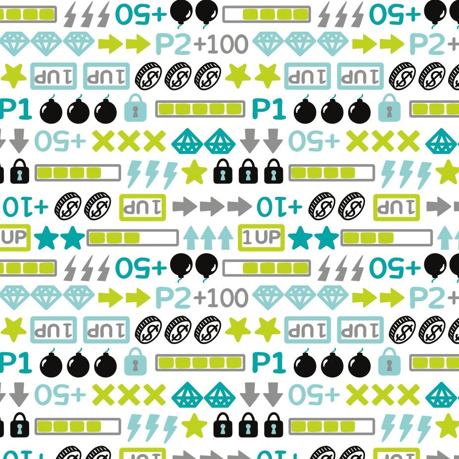 Game On Icons White Gaming Gamers Video Games Cotton Fabric