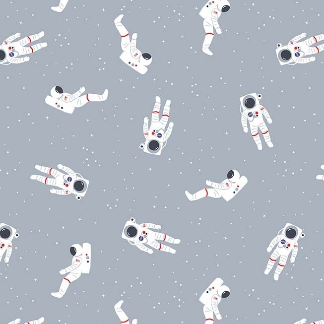 Galaxy Spacemen Grey Astronaut Space Stars Cotton Fabric