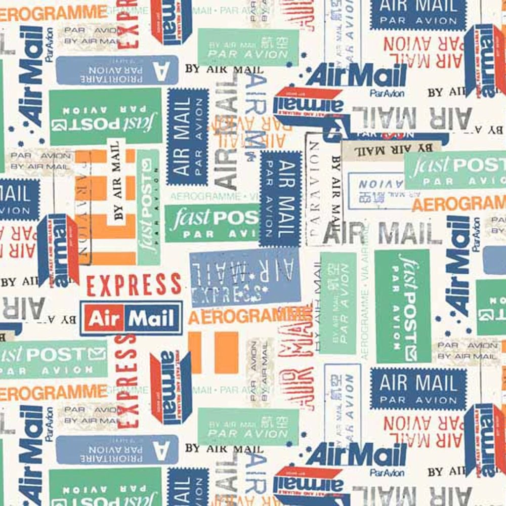 REMNANT Airmail Travel Stamp Special Delivery Cotton Fabric