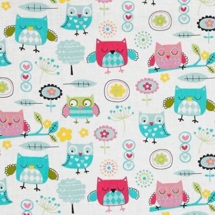 REMNANT Owl It's A Hoot Baby Owls Multi on White Cotton Fabric