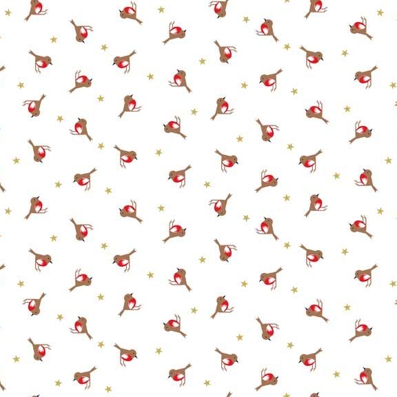 Silent Night Robins Stars Metallic Gold Christmas Robin Bird Cotton Fabric