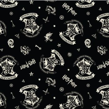 Harry Potter School Crest on Black DELUXE Hogwarts House Magical Wizard Witch Cotton Fabric per half metre