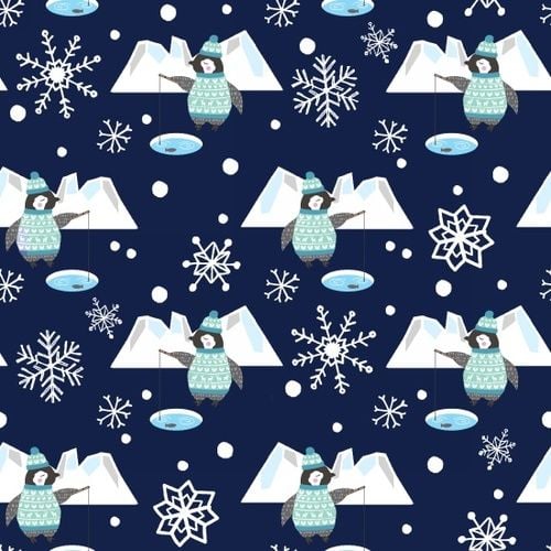 Snow Happy Fishing Penguins Navy Snowflake Novelty Christmas Festive Cotton