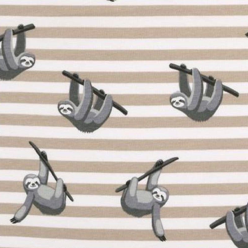 Sloth Sleepy Sloths Grey on Beige Stripes Stretch Cotton Jersey Knit Fabric