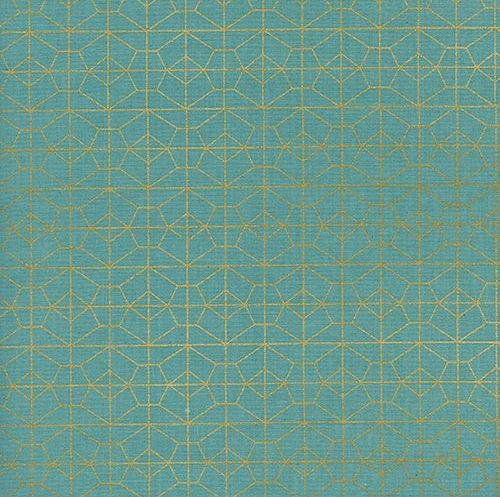 Akoma Geo Grid Sky Metallic Gold Geometric Turquoise Cotton Fabric by Cotto