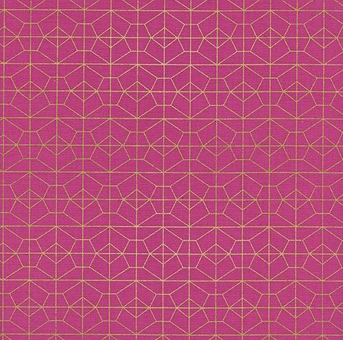 Akoma Geo Grid Fuchsia Metallic Gold Geometric Pink Cotton Fabric by Cotton