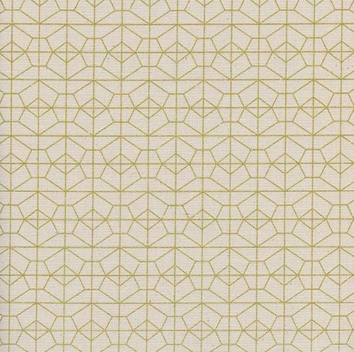 Akoma Geo Grid Natural Metallic Gold Geometric Cream Cotton Fabric by Cotto